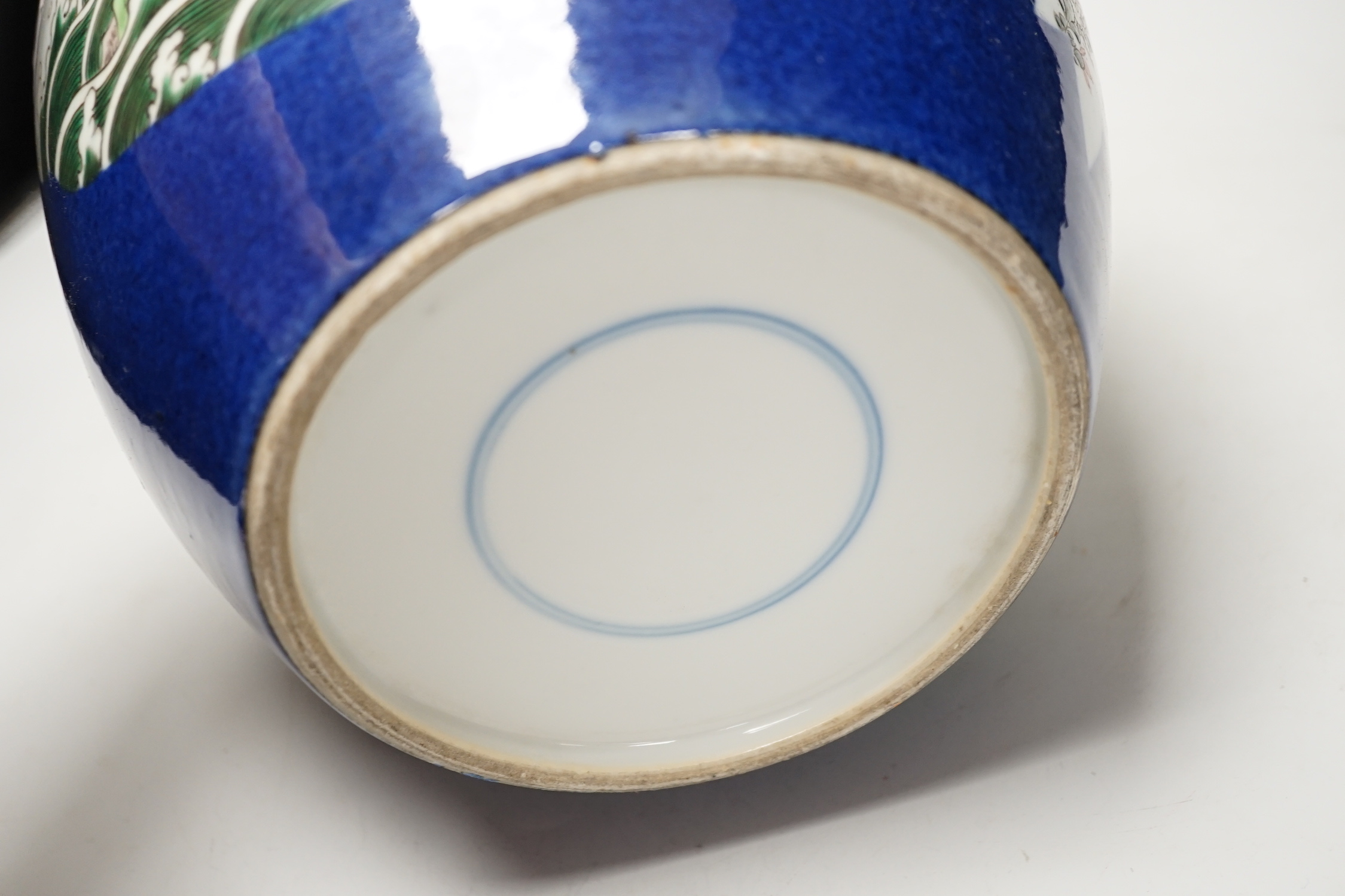 A large Samson powder blue ovoid jar enamelled in Chinese style, 26cm